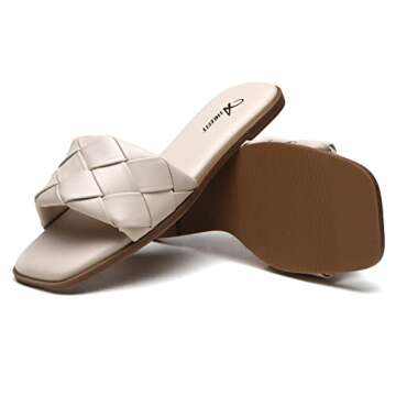 Athlefit Women's Braided Flat Sandals Square Open Toe Woven Slip On Slide Sandals Beige Size 7.5