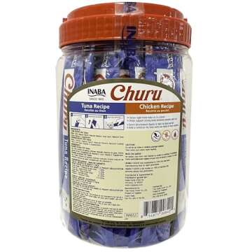 INABA Churu Cat Treats, Grain-Free, Lickable, Squeezable Creamy Purée Cat Treat/Topper, 25 Tuna & 25 Chicken