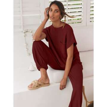 ANRABESS Women's Two Piece Outfits Knit Sweater Vest Crop Top Pants Lounge Matching Tracksuit Sweatsuit Travel Clothes Sets Red Small