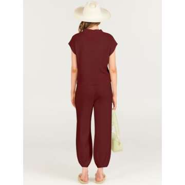 ANRABESS Women's Two Piece Outfits Knit Sweater Vest Crop Top Pants Lounge Matching Tracksuit Sweatsuit Travel Clothes Sets Red Small