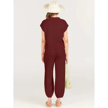 ANRABESS Women's Two Piece Outfits Knit Sweater Vest Crop Top Pants Lounge Matching Tracksuit Sweatsuit Travel Clothes Sets Red Small