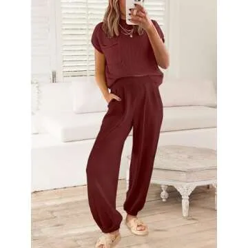 ANRABESS Women's Two Piece Outfits Knit Sweater Vest Crop Top Pants Lounge Matching Tracksuit Sweatsuit Travel Clothes Sets Red Small