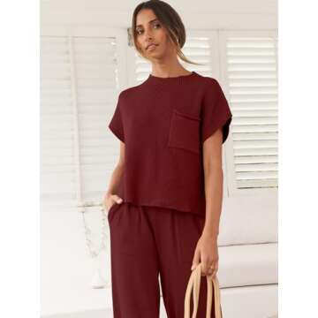 ANRABESS Women's Two Piece Outfits Knit Sweater Vest Crop Top Pants Lounge Matching Tracksuit Sweatsuit Travel Clothes Sets Red Small