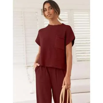 ANRABESS Women's Two Piece Outfits Knit Sweater Vest Crop Top Pants Lounge Matching Tracksuit Sweatsuit Travel Clothes Sets Red Small