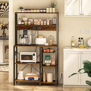 SUPERJARE Bakers Rack with Power Outlet, 35.4 Inches Coffee Bar with Wire Basket, Kitchen Microwave ...