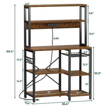 SUPERJARE Bakers Rack with Power Outlet, 35.4 Inches Coffee Bar with Wire Basket, Kitchen Microwave Stand with 6 S-Shaped Hooks, Open Storage Shelves, Rustic Brown