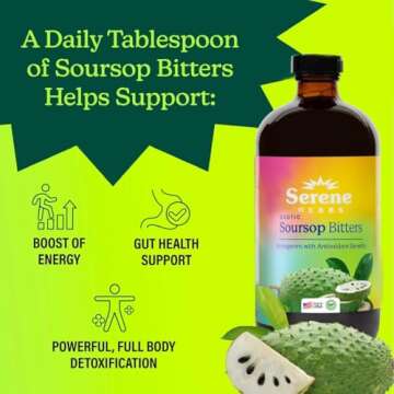 Soursop Bitters Liquid with Soursop Leaves for Digestive Support & Immune Health by Serene Herbs, Organic Herbal Blend with Black Seed, Moringa, Ashwaganda, Senna, Goat Weed & Ginger 16 fl oz |