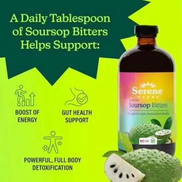 Soursop Bitters Liquid with Soursop Leaves for Digestive Support & Immune Health by Serene Herbs, Organic Herbal Blend with Black Seed, Moringa, Ashwaganda, Senna, Goat Weed & Ginger 16 fl oz |