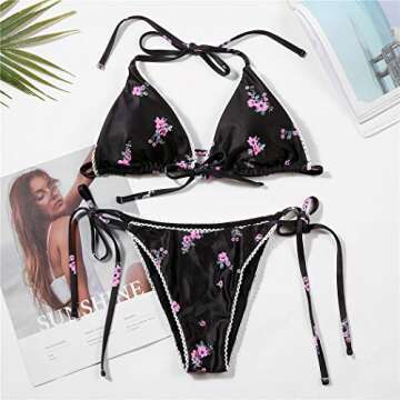 Bikinis Swimsuit Set for Women Swimwear Triangle Bathing Suit Tie String Thong (XS, Black)