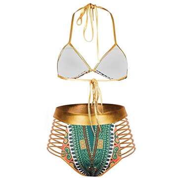 Zando Women African Tribal Metallic Bikini Set Swimsuit Two Piece Halter High Waisted 2 Piece Printe...