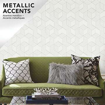 RoomMates Metallic Silver Striped Hexagon Wallpaper
