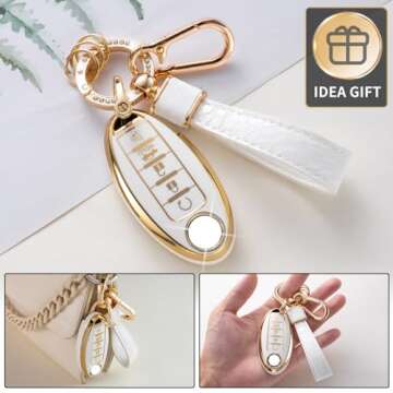 CACARLIKE for Nissan Key Fob Cover with Nissan Keychian, Car Key Fob Case Compatible with Nissan Altima Rogue Sentra Pathfinder Frontier Maxima Titan Key Protector Holder