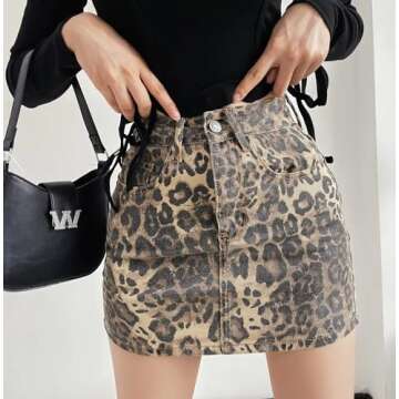 POHADON Women's Leopard Print High Waist Skirt Sexy Jean Skirt Mini Denim Skirt Cheetah Print Summer...