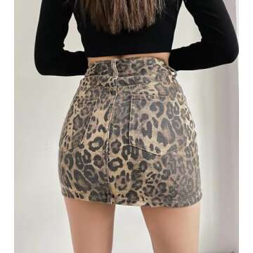 POHADON Women's Leopard Print High Waist Skirt Sexy Jean Skirt Mini Denim Skirt Cheetah Print Summer Y2k Grunge Clothes (Brown,S)