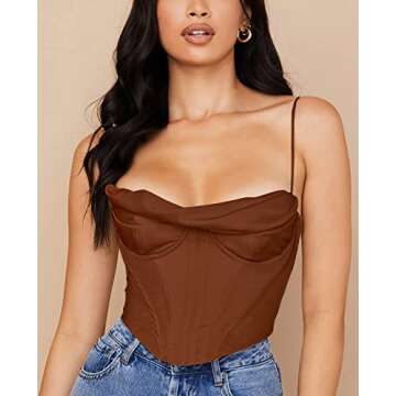 Meladyan Women Bustier Corset Top Y2K Spaghetti Strap Satin Cowl Neck Zip Back Boned Crop Cami Top Sexy Club Party Wear