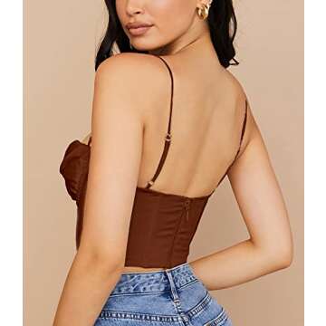 Meladyan Women Bustier Corset Top Y2K Spaghetti Strap Satin Cowl Neck Zip Back Boned Crop Cami Top Sexy Club Party Wear