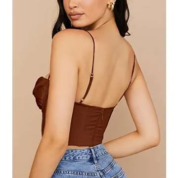 Meladyan Women Bustier Corset Top Y2K Spaghetti Strap Satin Cowl Neck Zip Back Boned Crop Cami Top Sexy Club Party Wear