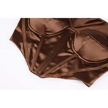 Meladyan Women Bustier Corset Top Y2K Spaghetti Strap Satin Cowl Neck Zip Back Boned Crop Cami Top Sexy Club Party Wear