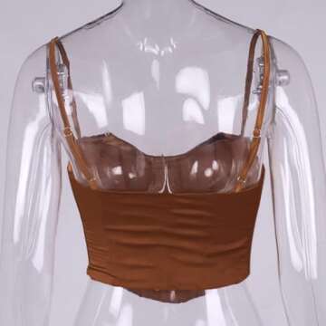 Meladyan Women Bustier Corset Top Y2K Spaghetti Strap Satin Cowl Neck Zip Back Boned Crop Cami Top Sexy Club Party Wear