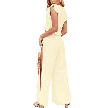 FANCYINN Womens 2 Pieces Outfits Deep V Neck Crop Top Side Slit Drawstring Wide Leg Pants Set Jumpsuits