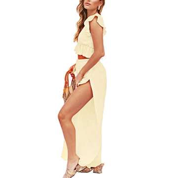 FANCYINN Womens 2 Pieces Outfits Deep V Neck Crop Top Side Slit Drawstring Wide Leg Pants Set Jumpsuits