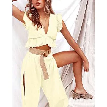 FANCYINN Womens 2 Pieces Outfits Deep V Neck Crop Top Side Slit Drawstring Wide Leg Pants Set Jumpsuits