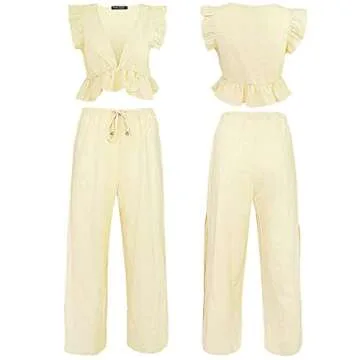 FANCYINN Womens 2 Pieces Outfits Deep V Neck Crop Top Side Slit Drawstring Wide Leg Pants Set Jumpsuits