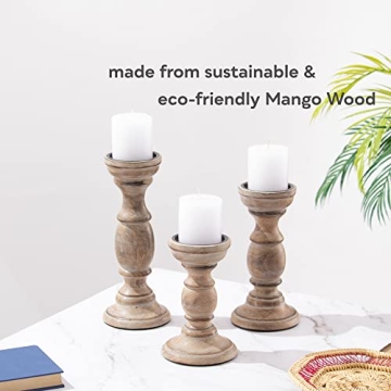 JFY Designs Hand Carved Wood Candle Holders Set of 3