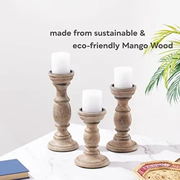 JFY Designs Hand Carved Wood Candle Holders Set of 3