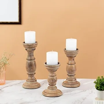 JFY Designs Hand Carved Wood Candle Holders Set of 3