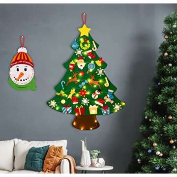 3ft DIY Lighted Felt Christmas Tree Set Plus Snowman Advent Calendar - Xmas Decorations Wall Hanging 33 Ornaments Kids Gift with String Light (Batteries Not Included)
