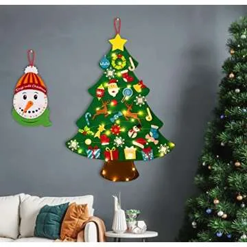 3ft DIY Lighted Felt Christmas Tree Set Plus Snowman Advent Calendar - Xmas Decorations Wall Hanging 33 Ornaments Kids Gift with String Light (Batteries Not Included)