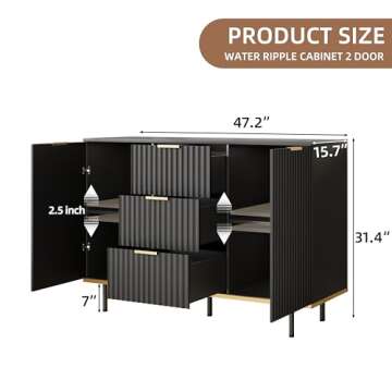 Buffets & Sideboards, Fluted Sideboard Cabinet, 2 Door 3 Drawer Design, Acceent Black Sideboard - El...