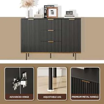 Buffets & Sideboards, Fluted Sideboard Cabinet, 2 Door 3 Drawer Design, Acceent Black Sideboard - Elegant Cabinet Ideal for Dining Room and Kitchen Storage 47.2 inch