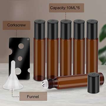 sungwoo 6 Pack Essential Oil Roller Bottles, 10ml Amber Glass Roller Bottles with Stainless Steel Roller Balls and Caps for Travel, Perfume and Lip Gloss