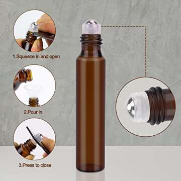sungwoo 6 Pack Essential Oil Roller Bottles, 10ml Amber Glass Roller Bottles with Stainless Steel Roller Balls and Caps for Travel, Perfume and Lip Gloss