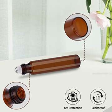 sungwoo 6 Pack Essential Oil Roller Bottles, 10ml Amber Glass Roller Bottles with Stainless Steel Roller Balls and Caps for Travel, Perfume and Lip Gloss