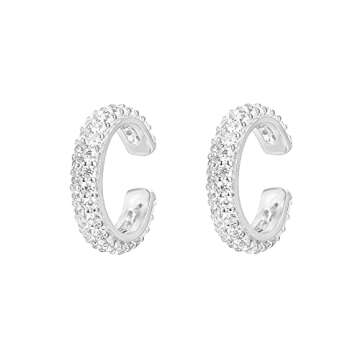 PAVOI 14K White Gold Plated 925 Sterling Silver 1.3mm Staggered Cubic Zirconia Sparkling Round Huggie Ear Cuff Gold Earrings for Women | Clip On Cartilage
