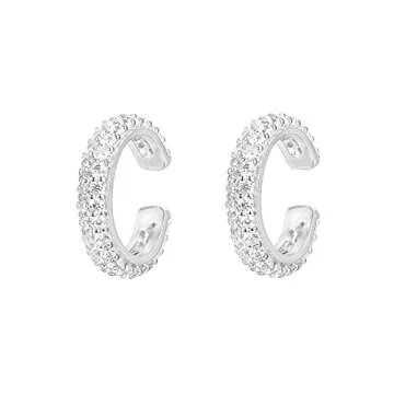 PAVOI 14K White Gold Plated 925 Sterling Silver 1.3mm Staggered Cubic Zirconia Sparkling Round Huggie Ear Cuff Gold Earrings for Women | Clip On Cartilage