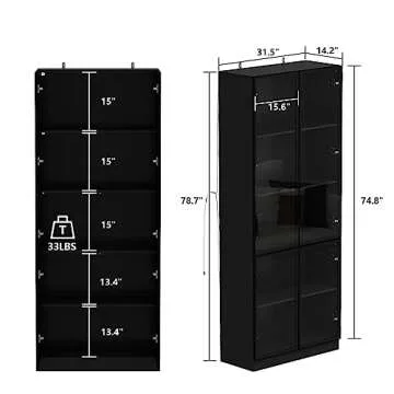 Hitow Glass Door Cabinet with Lights and 5 Storage Shelves, Tall Modern Display Storage Organizer wi...