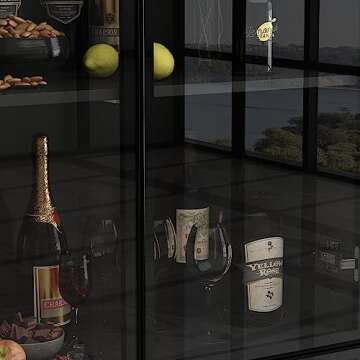 Hitow Glass Door Cabinet with Lights and 5 Storage Shelves, Tall Modern Display Storage Organizer with 2 Doors, Wooden Freestanding Bookcase Bookshelf for Living Room, Home Office, Black