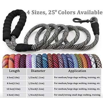 MayPaw Heavy Duty Rope Dog Leash, 3/4/5/6/7/8/10/12/15 FT Nylon Pet Leash, Soft Padded Handle Thick Lead Leash for Large Medium Dogs Small Puppy (1/2" 6ft, Black-red dot)
