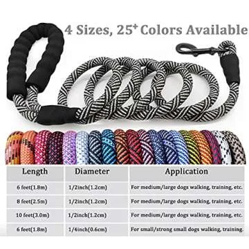 MayPaw Heavy Duty Rope Dog Leash, 3/4/5/6/7/8/10/12/15 FT Nylon Pet Leash, Soft Padded Handle Thick Lead Leash for Large Medium Dogs Small Puppy (1/2" 6ft, Black-red dot)