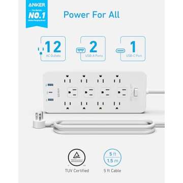 Anker Power Strip Surge Protector (2100J), 12 Outlets with 3 USB Ports for iPhone 15/15 Plus/15 Pro/15 Pro Max, 5ft, Flat Plug, 20W Power Delivery Charging for Home, Office, TUV Listed(White)