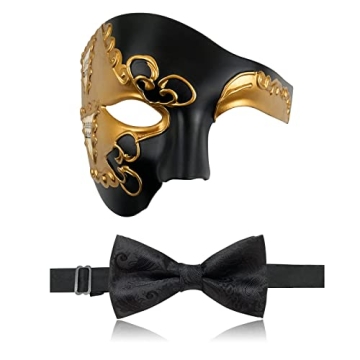 IncreDecor Masquerade Mask for Men Phantom of The Opera Half Face Mask with Bowtie, Venetian Masks f...