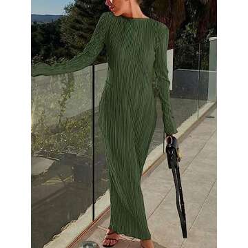 Annystore Women's Long Sleeve Loose Dress Pleated Crew Neck Slim Bodycon Plain Casual Maxi Dresses C...