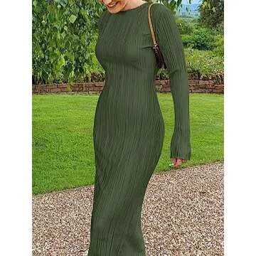 Annystore Women's Long Sleeve Loose Dress Pleated Crew Neck Slim Bodycon Plain Casual Maxi Dresses Cocktail Party Clubwear Dark Green L