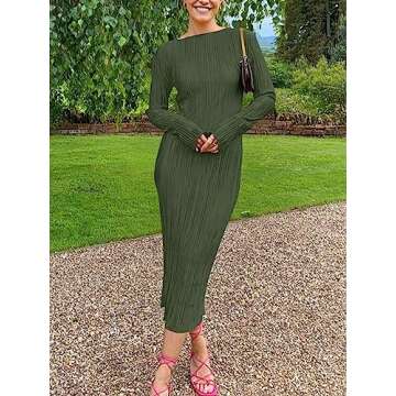 Annystore Women's Long Sleeve Loose Dress Pleated Crew Neck Slim Bodycon Plain Casual Maxi Dresses Cocktail Party Clubwear Dark Green L