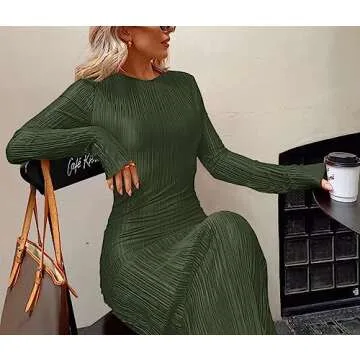 Annystore Women's Long Sleeve Loose Dress Pleated Crew Neck Slim Bodycon Plain Casual Maxi Dresses Cocktail Party Clubwear Dark Green L