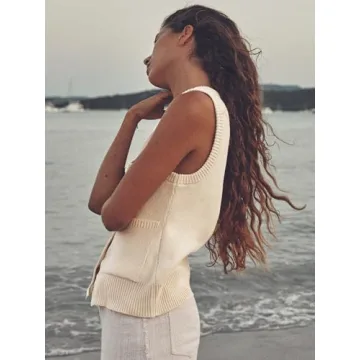 Beautiful Nomad Women's Knit Sweater Vest Sleeveless Tank Tops Casual Y2K Button Down Cardigan Vest Shirts Beige
